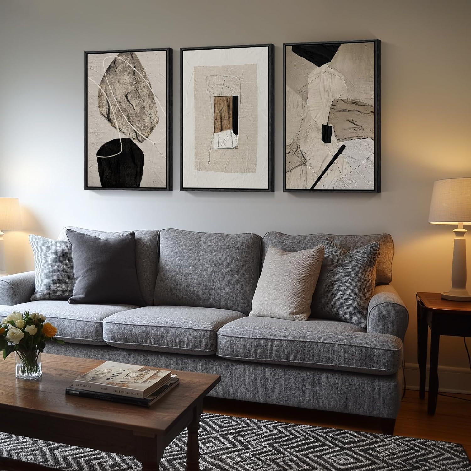 Size 24x36 Large Framed Neutral Abstract Wall Art for Living Room, 3 Piece Modern Canvas Prints Paintings Artwork for Walls, Black and Beige Pictures for Living Room Hallway Stair Office Wall Decor 24x36 Inch